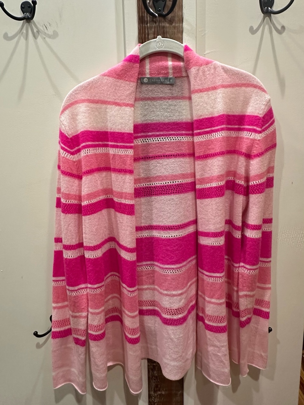 Cashmere-Blend Pink Striped Open Cardigan Sweater